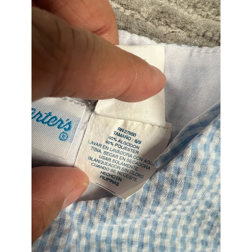 Carter's Romper Boys 6/9M Blue Gingham‎ Nautical Sailboat Seersucker One Piece
